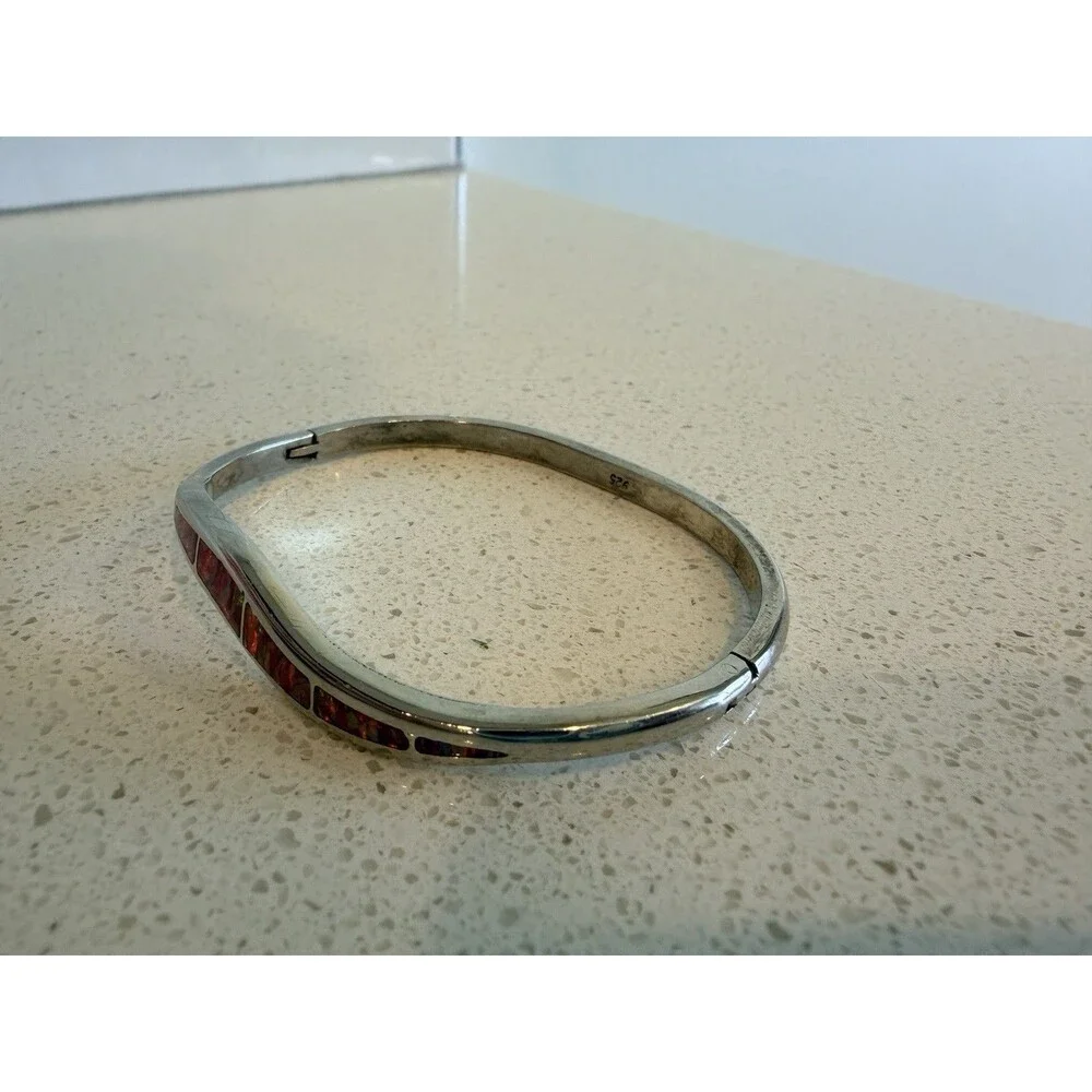 Vintage Sterling Silver Mexico Hinged Fire Opal Inlay Bracelet 7”